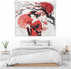 Japanese Red Geisha Tapestry Asian Cherry Blossom Traditional Kimono Folk Tapestries Home Decor for Living Room Bedroom Apartment Farmhouse Dorm 60"x50"