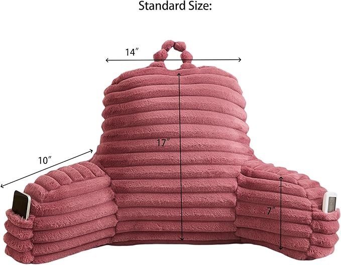 Faux Fur Fluffy Dusty Rose Reading Pillow with Pockets, Luxury Striped Plush Decorative, Arm Rests and Back Surport for Bed Rest, Lounging on sofa, Standard