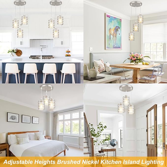 Pendant Lights Kitchen Island Brushed Nickel Pendant Light Kitchen Island Lighting, 3-Light Pendant Light Fixtures with Clear Glass Shades Spiral Iron Cluster Dining Room Light Fixture