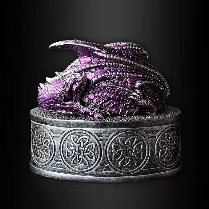 Dragon Statue Jewelry Box - Medieval Fantasy Myth with Cover Treasure Box, Dragon Statue Decoration Collection Gift Box (Purple)