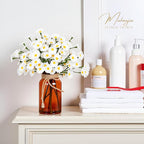 Artificial Daisy Flowers in Amber Glass Vase with Faux Water,9Pcs White Artificial Silk Flowers with Stems for Centerpiece (Daisy)