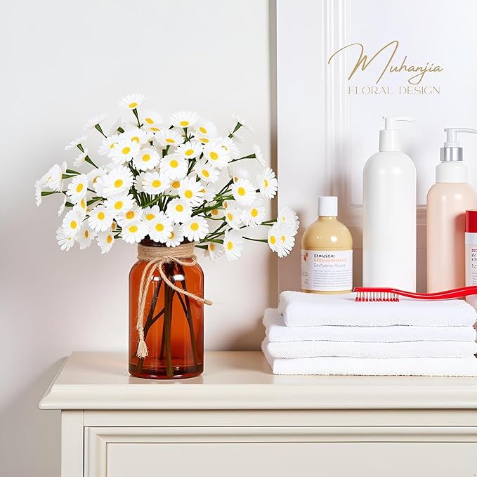 Artificial Daisy Flowers in Amber Glass Vase with Faux Water,9Pcs White Artificial Silk Flowers with Stems for Centerpiece (Daisy)