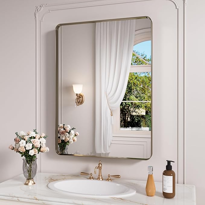 Bronze Bathroom Mirror 22x30 Inch, Brushed Bronze Metal Frame Mirror for Wall, Rounded Rectangle Bathroom Vanity Mirror with Tempered Glass, Anti-Rust, Horizontal/Vertical