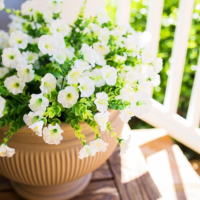 HyeFlora Artificial Flowers for Outdoors Fake Plants Outside Decoration, 12 Bundles Silk White Morning Glory UV Resistant Look Real Faux Flowers for Planter Front Door Porch Patio Yard Gardens Balcony