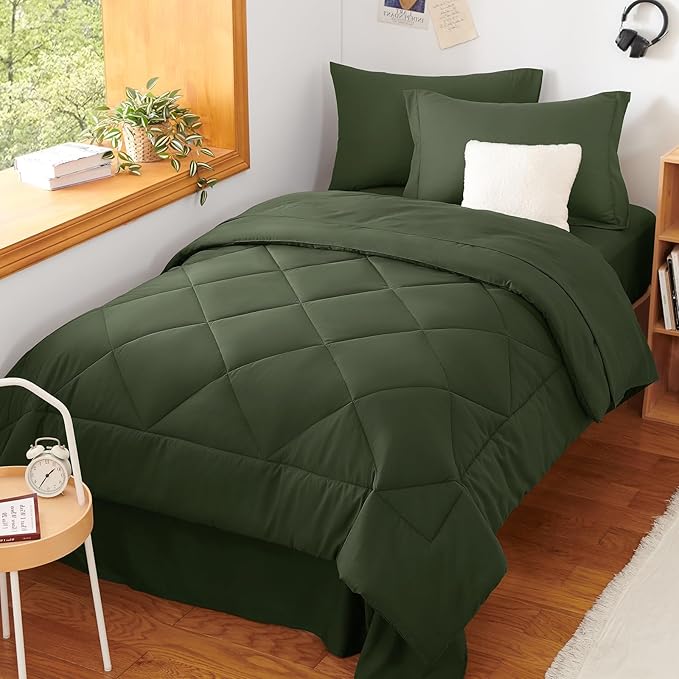CozyLux Twin XL Comforter Set Olive Green - 5 Pieces Twin Extra Long Bed in a Bag for College Dorm, All Season Bedding Set for Girls and Boys, Soft Bed Set with Comforter, Sheets, Pillowcase & Sham