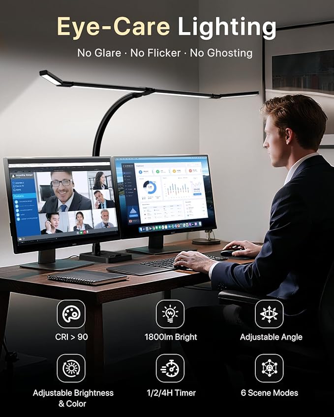 ONEMIX 42" LED Desk Lamp for Home Office, Eye-Caring Desk Light with Adjustable 4-Segment Bar, 1800LM Bright, Remote, Architect Table Lamp with Base for Dual Monitors, Reading, Study, Workbench(Black)