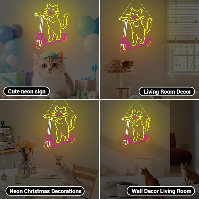 Cute Cat Neon Sign, Skateboard Neon Signs for Wall Decor Dimmable USB Room Decor for Teen Girl, Party, Bedroom, Pub, Furniture, Gifts for Birthday, Christmas (Skateboard Cat-Yellow)