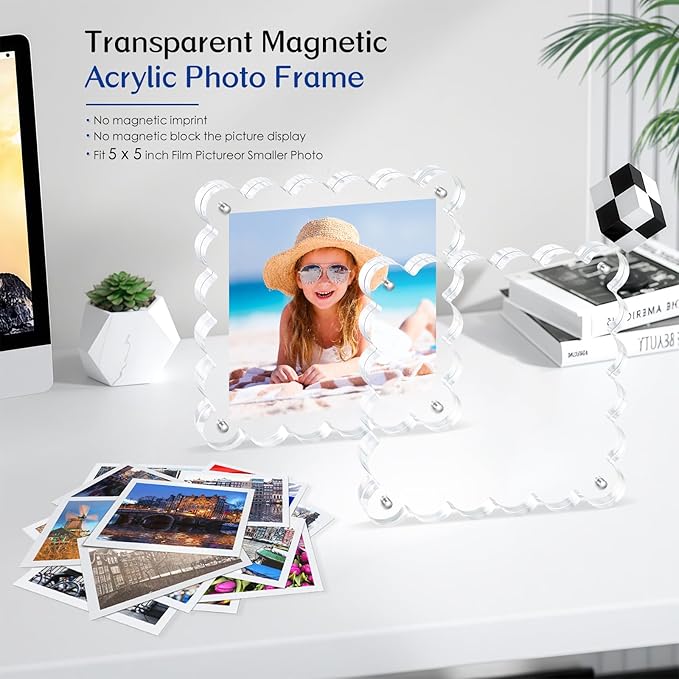 Acrylic Picture Frames. 5×5inch 6Pack - Double-Sided Scalloped Photo Frame, 20mm Ultra-Clear Block, Modern Desktop Display for Home/Office Decor (6 Pack, 5X5)