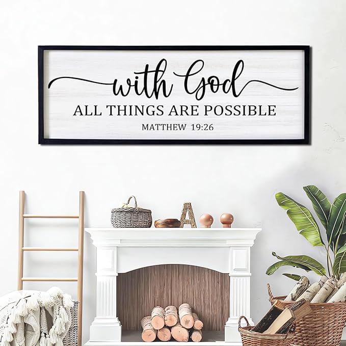 With God All Things are Possible Framed Wall Art, 40''×15'' Black Positive Religious Rustic Bible Verse for Christian God Jesus Christ Prayer, Holy Horizontal Inspirational Catholic Scripture Decor