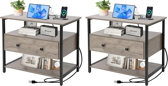 27 Inch Wide Night Stand Set 2 with Charging Station, Wood Nightstand with Open Shelf, Large Drawer Bedside Table for Living Room/Bedroom/Office(Rustic Gray)