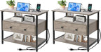 27 Inch Wide Night Stand Set 2 with Charging Station, Wood Nightstand with Open Shelf, Large Drawer Bedside Table for Living Room/Bedroom/Office(Rustic Gray)