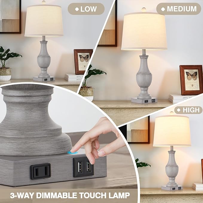 Farmhouse Table Lamps for Living Room, Rustic 26" Touch Control Bedside Lamps with USB A+C Charging Ports & AC Outlet, Vintage 3-Way Dimmable Nightstand Lamp Linen Fabric Shade for Bedroom End Table