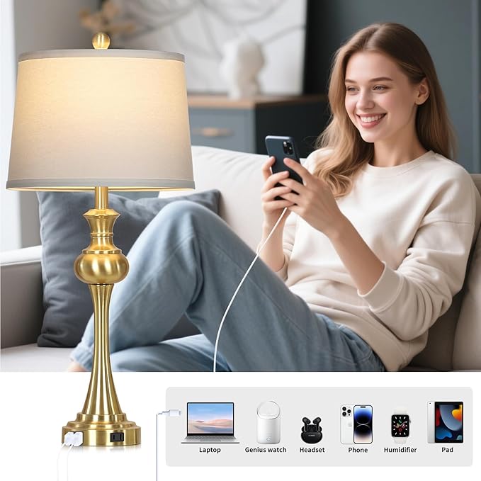 28.75" Modern Table Lamps Set of 2, Gold Bedside Lamp with USB A+C & AC Outlet,Brass Unique Desk Lamps for Living Room, Bedroom, Nightstand, End Table (2 Bulbs Included)