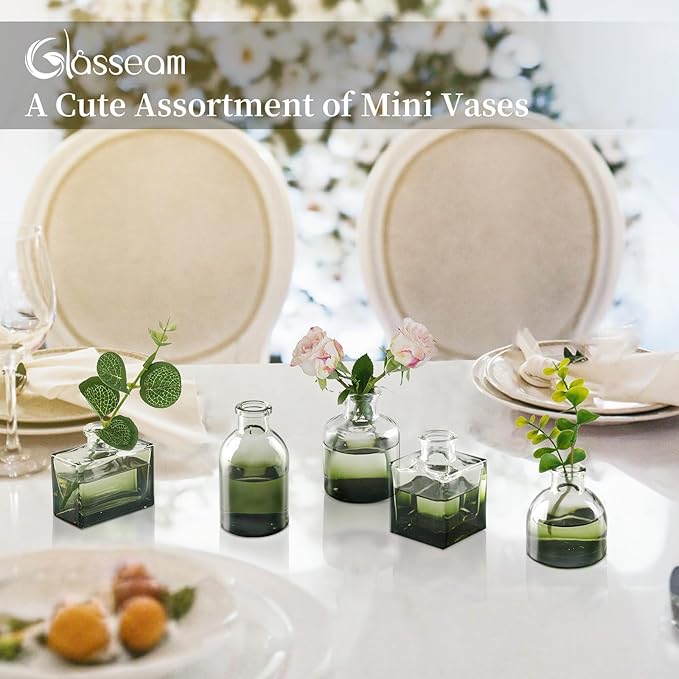 Glasseam Bud Vases in Bulk 40: Green Glass Vases for Centerpieces Cute Small Vases for Flowers Mini Decorative Tiny Centerpiece Table Decor Wedding Party Dining Room Decoration