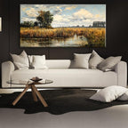 LASMOND Beautiful Wilderness Meadow Canvas Wall Art Oil Painting Reproduction Print Vintage Wildflower Field Scenery Countryside Landscape Tree Rustic Retro Decor Artwork Country Farmhouse Living Room 24x48 Inches