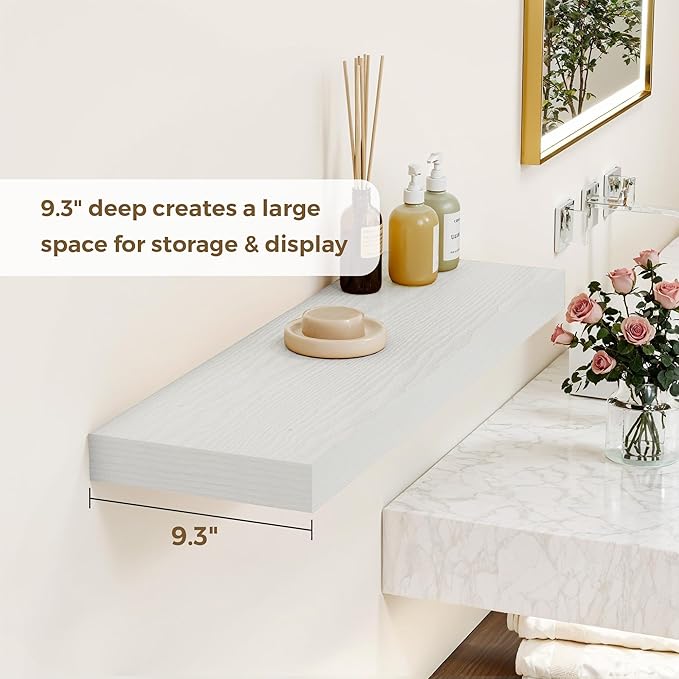 48 Inches Floating Shelves for Wall, 9.3" Deep Long Floating Shelves Set of 1, Large Display & Storage Shelf, Wall Shelf for Bathroom Bedroom Living Room Kitchen Office, White
