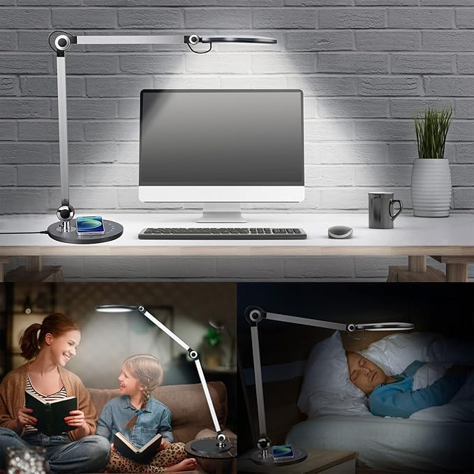 Desk Lamp,Led Architect Desk Lamp,Desk Lamps for Home Office,Table lamp with Wireless Charger & Adjustable Swing Arm,Touch Control, 3 Lighting Mode,5 Brightness,Eye-Caring Office Lamp