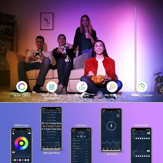 SUNMORY RGB LED Floor Lamp, 57" Corner Lamp with 80+ Scene & Timer, Smart Modern Ambient Lighting with Music Sync & 16 Million Colors, Remote & App Floor Lamps for Living Room, Bedroom, Gaming Room