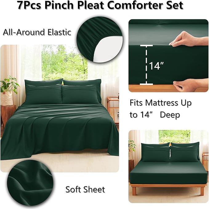 CozyLux King Size Comforter Set Emerald Green, 7 Pieces Soft Pinch Pleat Bed in a Bag King Comforter Set with Sheets, Bed Set with Down Alternative Comforter, Sheets, Pillowcases & Shams