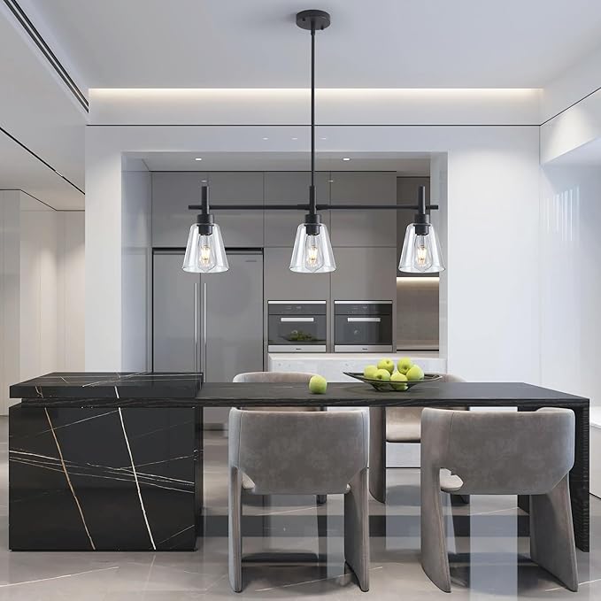 Black Kitchen Island Lighting, 3-Lights Modern Dining Room Light Fixture, Farmhouse Pendant Light Fixtures with Glass Shades, Adjustable Rectangle Linear Chandelier for Living Room