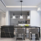 Black Kitchen Island Lighting, 3-Lights Modern Dining Room Light Fixture, Farmhouse Pendant Light Fixtures with Glass Shades, Adjustable Rectangle Linear Chandelier for Living Room