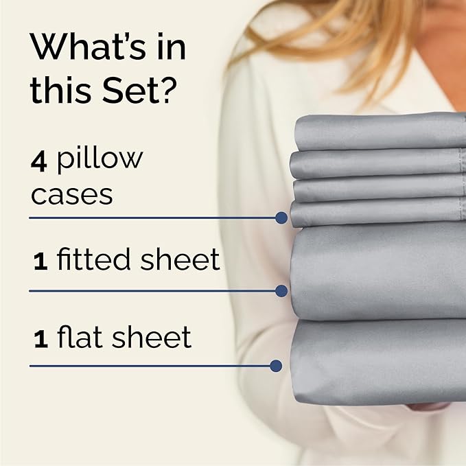 Queen Sheets Set 6 Piece - Includes 4 Pillowcases - Bed Sheets Queen Size - Soft Hotel Luxury Bedding - Cooling, Comfy and Breathable - 1 Flat & 1 Fitted & 4 Pillowcases w/ Deep Pockets - Steel Blue