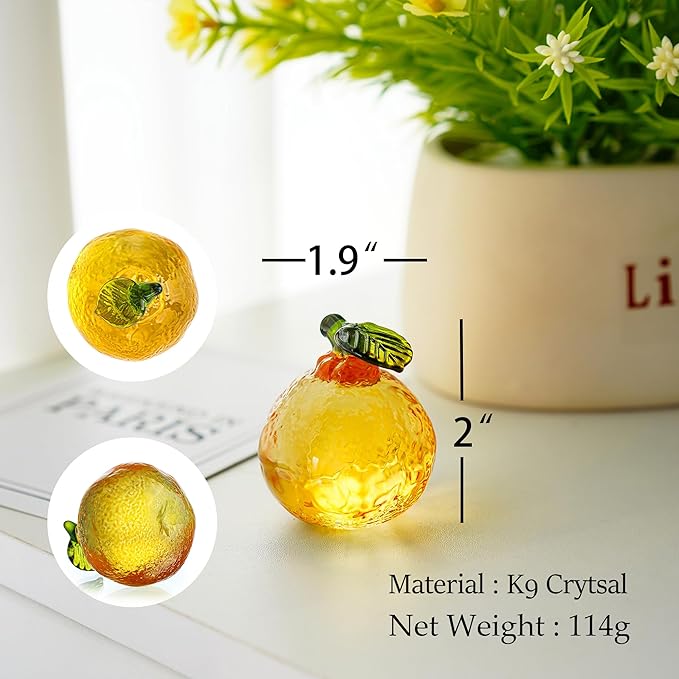 Glass Orange Figurine Crystal Fruit Collectibles Hand Blown Glass Fruits Tangerine Decoration Art Ornament for Home Office Kitchen Decor Gift for Women