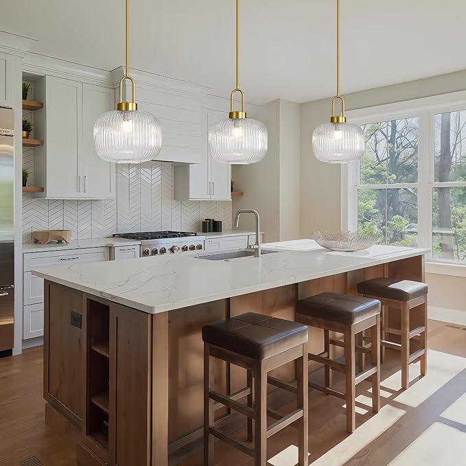 Modern Clear Glass Pendant Light Fixtures, Mid Century Pendant Lights for Kitchen Island, 9.8" Gold Adjustable Height Ceiling Hanging Light Fixtures for Dining Room Entryway Bedroom Foyer Hallway