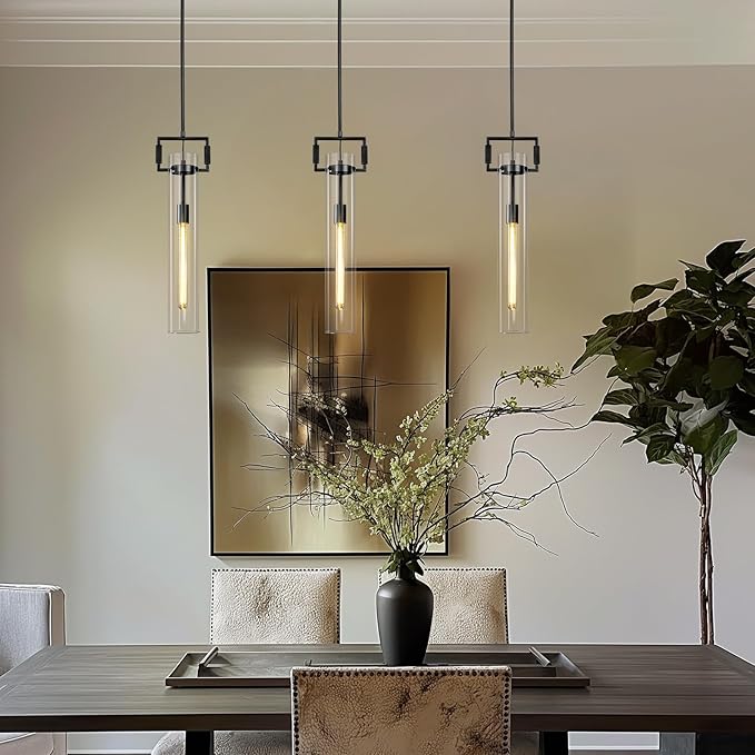 Modern Black Pendant Light, 21.6'' kitchen pendant lighting over island, Adjustable Height Glass Pendant Light Fixtures Large Pendant Lights Kitchen Island, for Dinning Room Farmhouse Bedroom Bathroom
