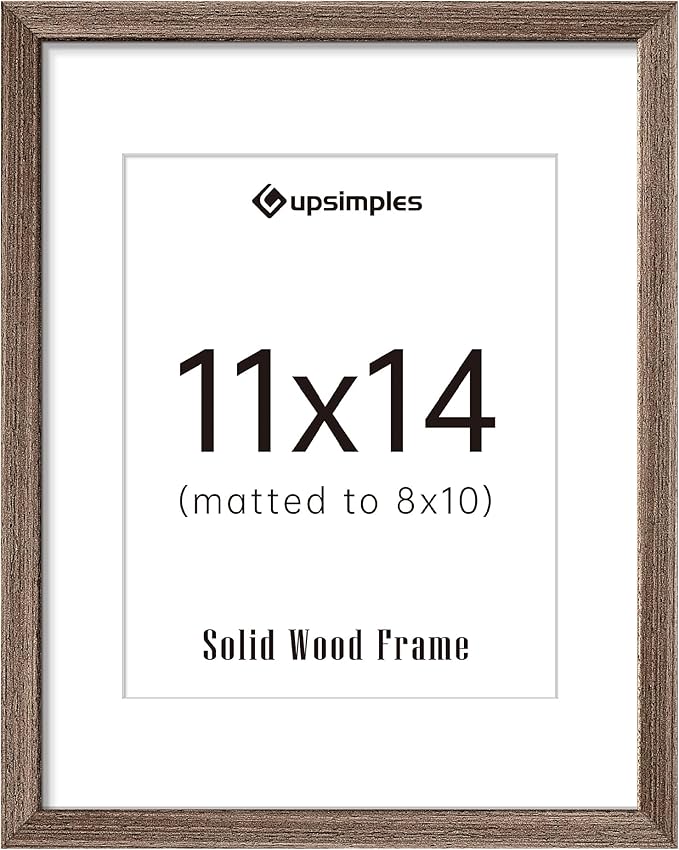 upsimples 11x14 Picture Frame, Natural Solid Wooden Picture Frames, Display 8x10 with Mat or 11 x 14 Without, Vertical or Horizontal Wall Hanging, 1 Pack, Brown