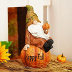 Topadorn Fall Garden Gnome Figurine Sitting on Pumpkin Statue Autumn Harvest Garden Gnomes Statue Figurine for Patio Yard Lawn Porch Decoration, Happy Fall
