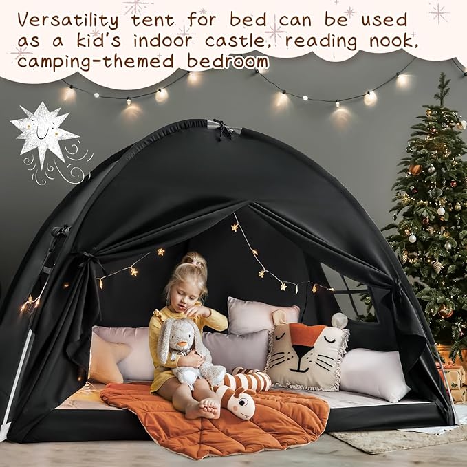 Sherilyn Twin Size Bed Canopy Bed Tents Dream Tent on Bed Privacy Space Blackout Sleeping Tents Indoor Breathable Portable Cottage Floor Drafty Room (Black)