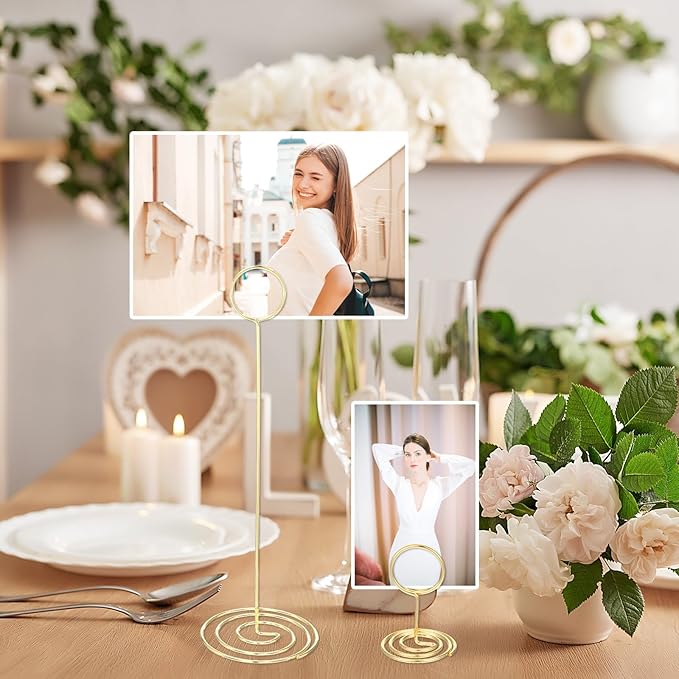 36 Pack Table Number Holder, 3 Sizes Wire Photo Holder Picture Name Menu Clips Memo Note Cards Stand for Wedding Reception Anniversary Birthday Centerpieces Office Memo Photo (Gold)