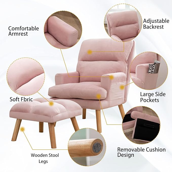 CANMOV Modern Accent Chair with Ottoman Set of 2, Soft Fabric Armchair with Adjustable Backrest and Side Pockets, Comfy Lounge Chair for Living Room, Bedroom, Apartment, Office, Pink