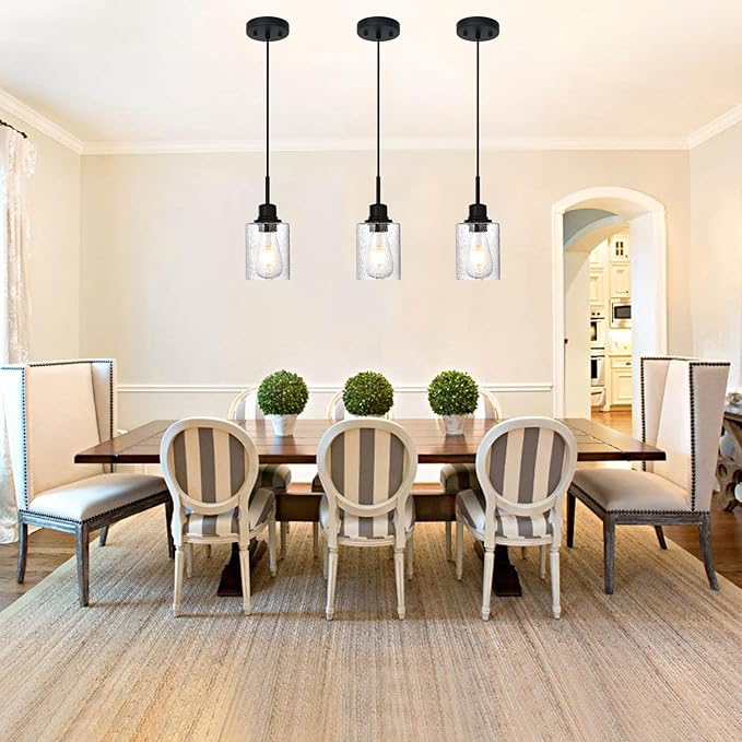 Modern Farmhouse Mini Chandeliers 3 Pack Black Pendant Lights Kitchen Island with Seeded Glass, Dining Room Lighting Fixtures Hanging Ceiling for Sink Bar Hallway Porch Corridor Bedroom