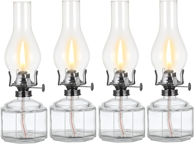 4 Pack Rustic Oil Lamp Large Vintage Glass Kerosene Lamp Chamber Oil Lamps for Indoor Use Home Decor Classic Old Hurricane Oil Lamp for Emergency Lighting 12.5''