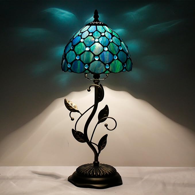 Small Tiffany Lamp Sea Blue Pearl Style Stained Glass Table Lamp Metal Leaf Accent Desk Memory Lamp Sympathy 8X20 Inch