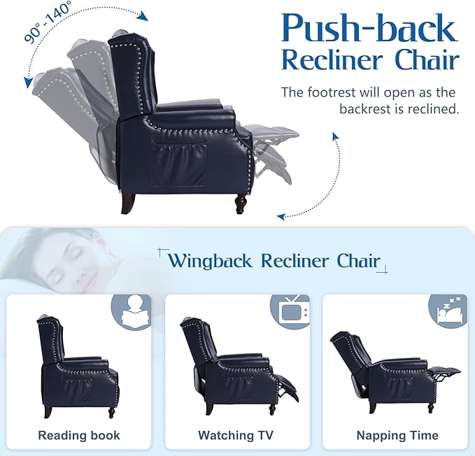 Wingback Recliner Chair with Massage and Heat - Tufted PU Leather Push Back Arm Chair for Living Room - Vintage Recliner Chair with Remote Control, Padded Cushion, Backrest, Wooden Legs