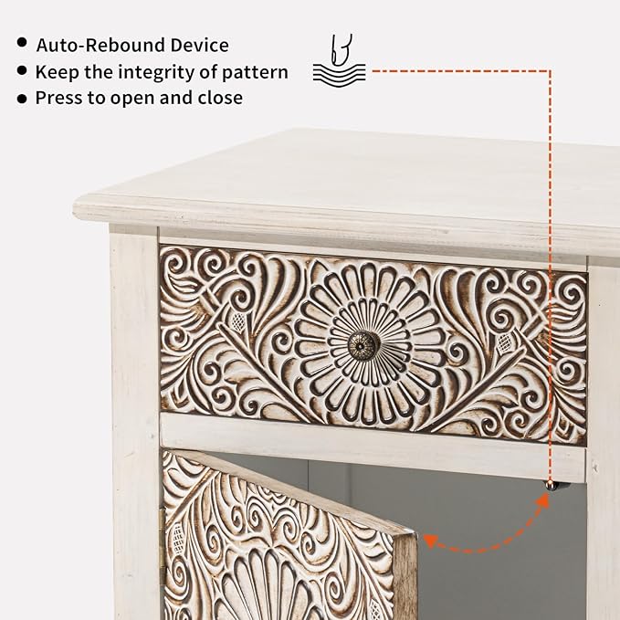 HOMPUS Night Stand Set 2, Vintage Nightstand with Storage, White Nightstand with Flower Pattern, Accent End Table, Bedside Table for Farmhouse, Bedroom, Light Grey Grain