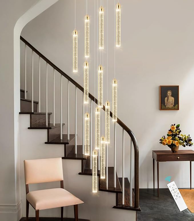 12-Lights Chandelier LED Dimmable Chandeliers for Entryway Flush Mount Ceiling Pendant Light Fixture Crystal Chandeliers for Living Room Gold Finished Lighting Modern High Ceiling Chandelier