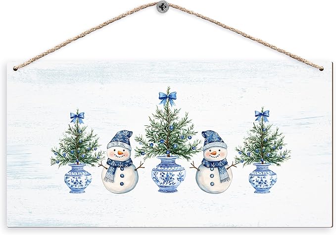 DUXMNAMG Chinoiserie Snowman Winter Hanging Wooden Signs 12x6, Blue and White Porcelain Snowman Sign, Winter ChristmasTree Blue Bow Snowman Chinoiserie Signs for Home Room Office Hanging Wall Decor