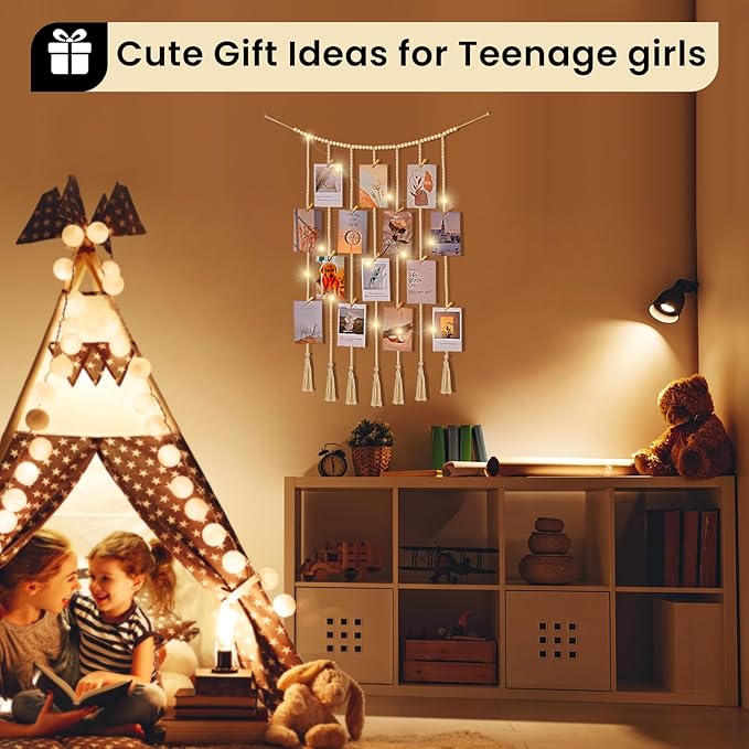 Macrame Hanging Photo Display Boho Wall Decor with String Lights Wooden Beads Garland Picture Frame Collage Holder with 30 Clips for Room, Bedroom, Dorm, Christmas Teenage Teen Girl Gifts (Beige, Medium)