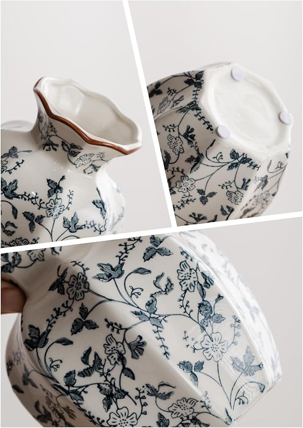 Blue and White Vase, Vintage Blue Ceramic Flower Vessel,Ceramic vases for Home Decor,Vintage Green and Beige for Console Table Mantle Chinoiserie Decor (Retro-01, Small)