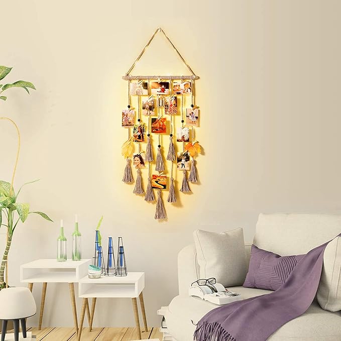 Homecor Hanging Photo Display Wall Decor, Gray Macrame Wall Hanging Boho Room Decor, Picture Frame Collage Board with Remote Light 30 Clips, Bedroom Home Decor, Christmas Mom Grandma Teen Girl Gifts