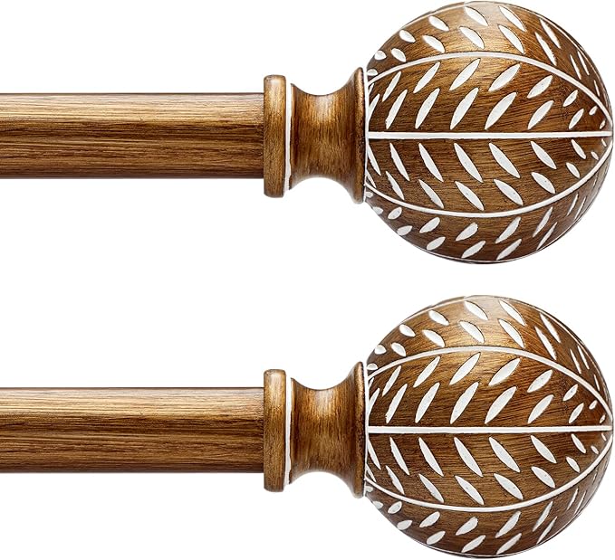 2 Pack Gold Curtain Rods for Windows 48 to 84 Inch,1'' Diameter Drapery Rods with Imitation Wood Grain Leaf Pattern Finials,Boho Adjustable Heavy Duty Curtain Rods Set,36-88'',Antique-Gold Wood
