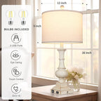 26" Farmhouse Table Lamps, Table Lamps for Living Room Set of 2 with USB A+C Ports & AC Outlet, Vintage Rustic Touch Control 3-Way Dimmable Boho Nightstand Lamp White Washed Resin for Bedroom Deocr