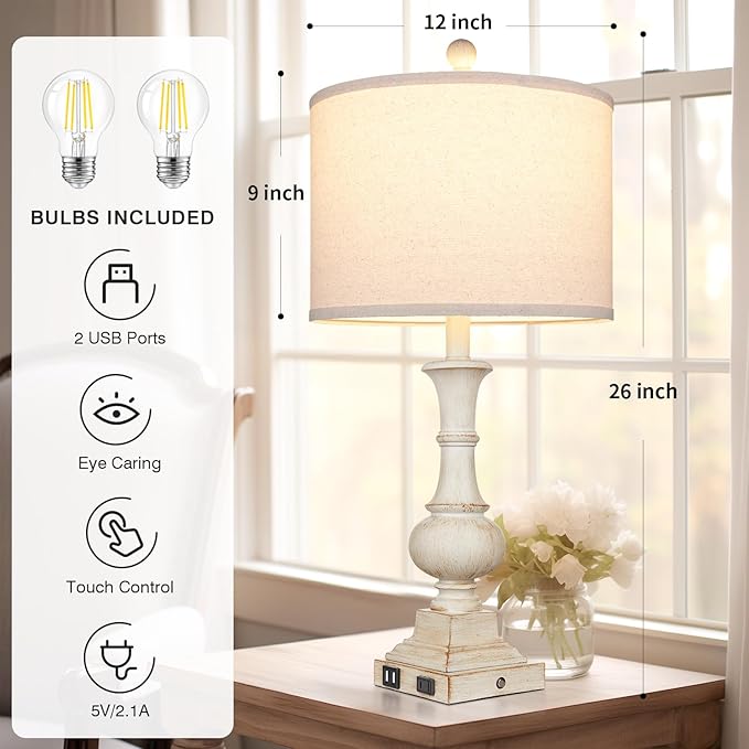 26" Farmhouse Table Lamps, Table Lamps for Living Room Set of 2 with USB A+C Ports & AC Outlet, Vintage Rustic Touch Control 3-Way Dimmable Boho Nightstand Lamp White Washed Resin for Bedroom Deocr