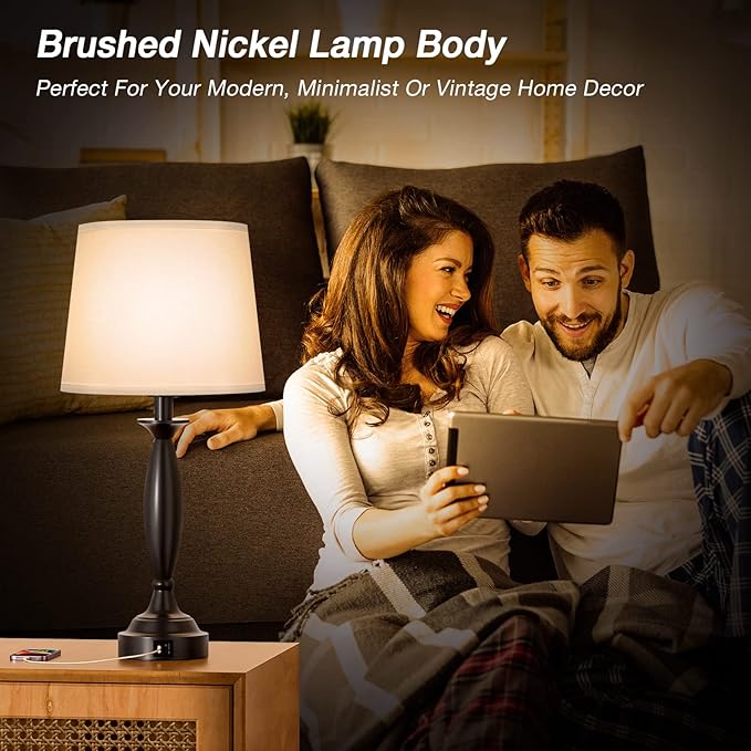 White Lamps for Bedrooms Set of 2 - Touch Control Bedside Lamp with USB C+A, 3 Way Dimmable Nightstand Lamps with USB Port, Table Lamp for Living Room(White Shade and Black Base)