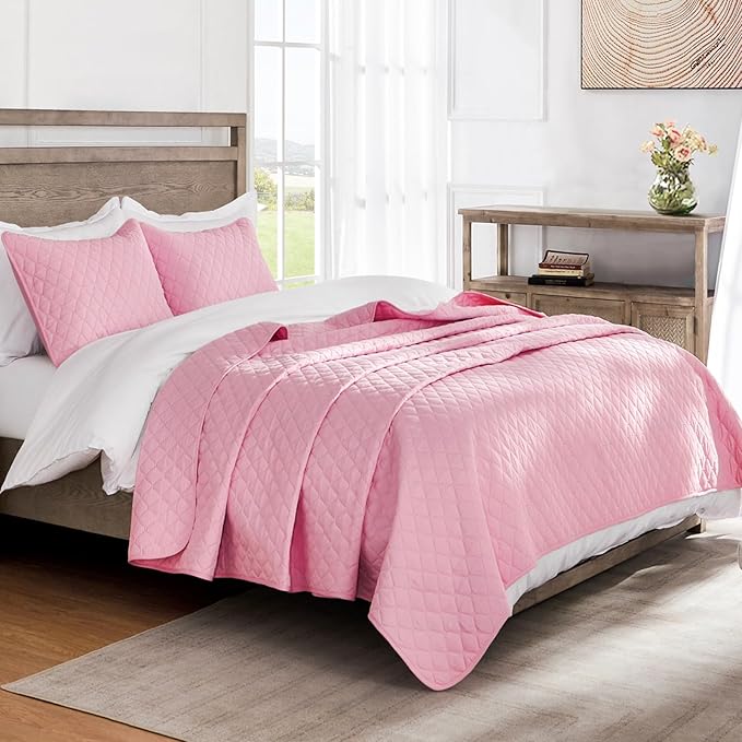 Exclusivo Mezcla Reversible Twin Quilt Bedding Set with Pillow Sham, Lightweight Quilts Twin Size, Soft Bedspreads Bed Coverlets for All Seasons - (Bright Pink, 68"x88")
