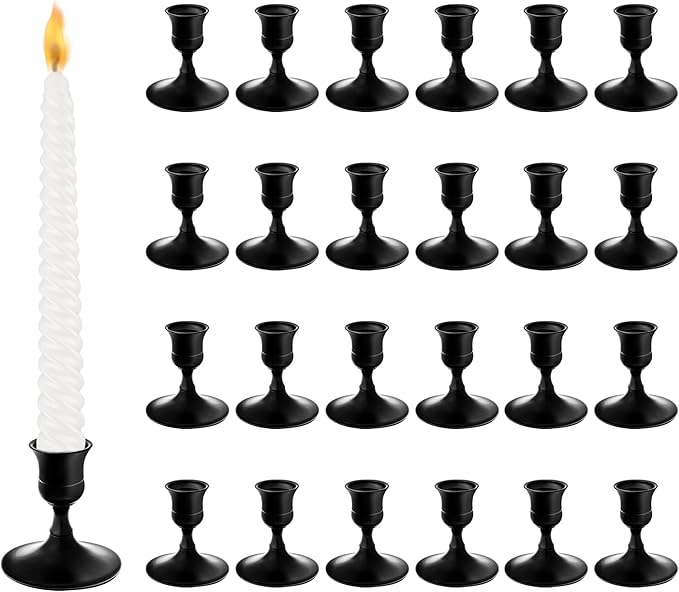 Vintage Black Taper Candle Holders, Set of 24, Metal Taper Candlestick Holder for Dinner Room Table Centerpiece, Wedding Reception, Festive,Mantel Decoration, Home Decor (Black 24, Set of 24)